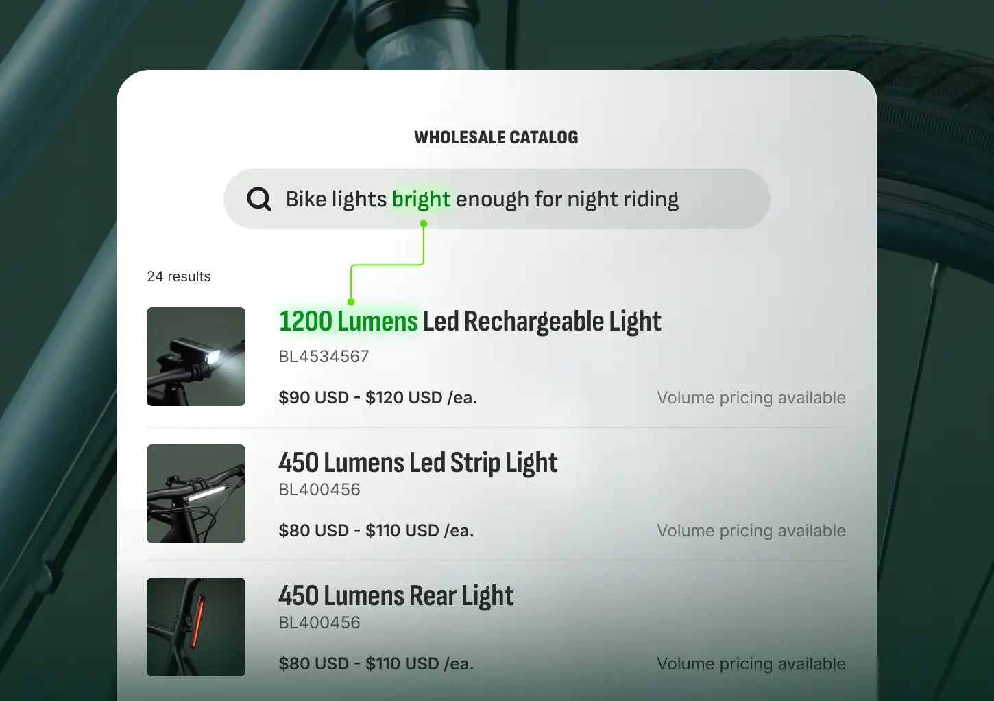 A simplified UI shows a product search inquiry for a bike light bright enough for night riding, with results showing products with technical brightness specifications in lumens.