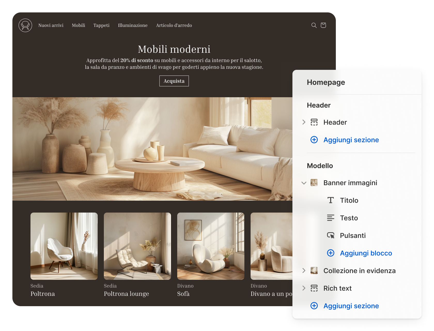 Schermata di un sito web di arredamento creato su Shopify, con una sovrapposizione dell’editor del tema Shopify