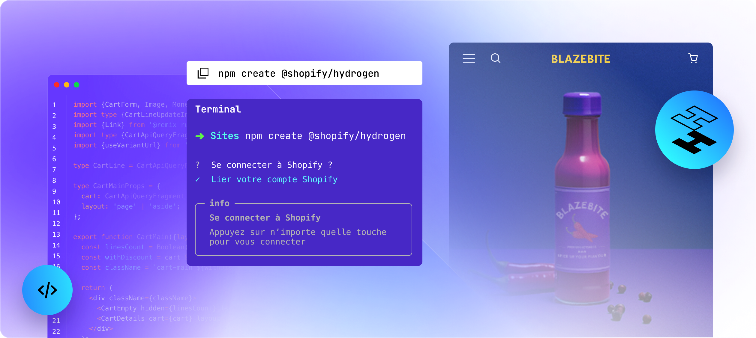 3 pages : un échantillon de code Hydrogen, une interface de commande et un site web créé sur Hydrogen