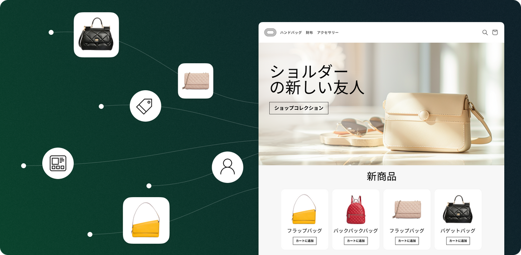 フローティングアイコンと、その周囲に財布を配した財布販売のウェブサイト
