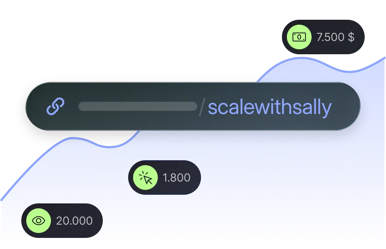 Un referral link personalizzato fluttua sopra una linea di tendenza in crescita. Attorno al link ci sono badge che mostrano statistiche relative a 20.000 visualizzazioni, 1.800 clic e 7.500 USD guadagnati, a indicare analisi approfondite e monitoraggio dei pagamenti.