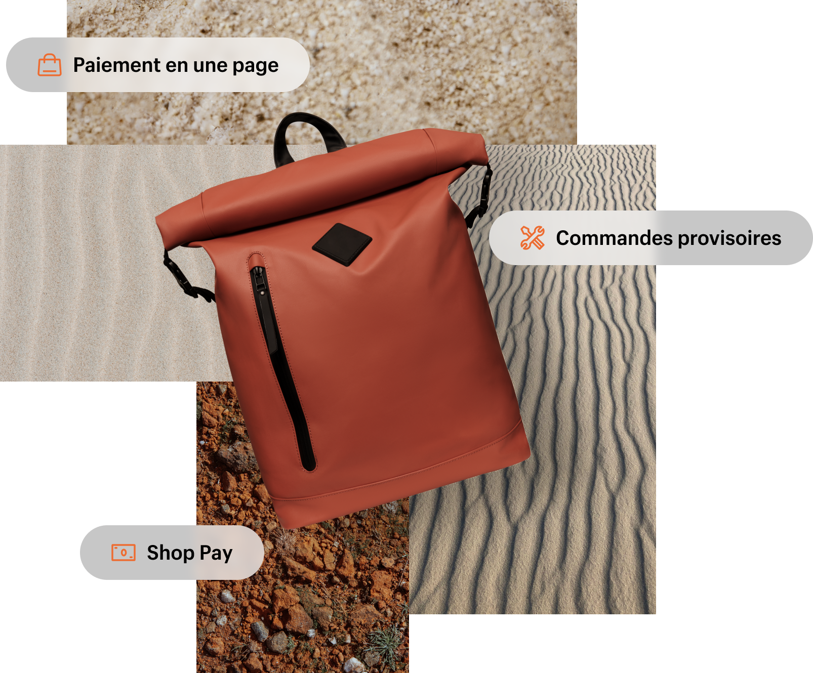 Image de collage en arrière-plan de différentes textures de sable et de terre, avec des boutons intitulés « paiement en une page », « commandes provisoires » et « Shop Pay ». Au premier plan, un élégant sac à dos à roulettes de couleur rouille.