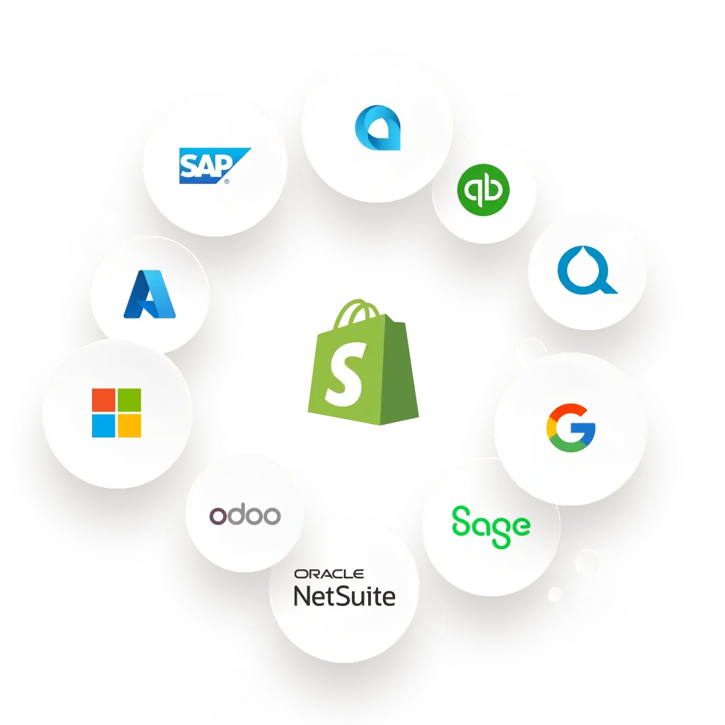 Logos for major B2B solutions are displayed in an array of white circles, including Microsoft, Google, NetSuite, and more.