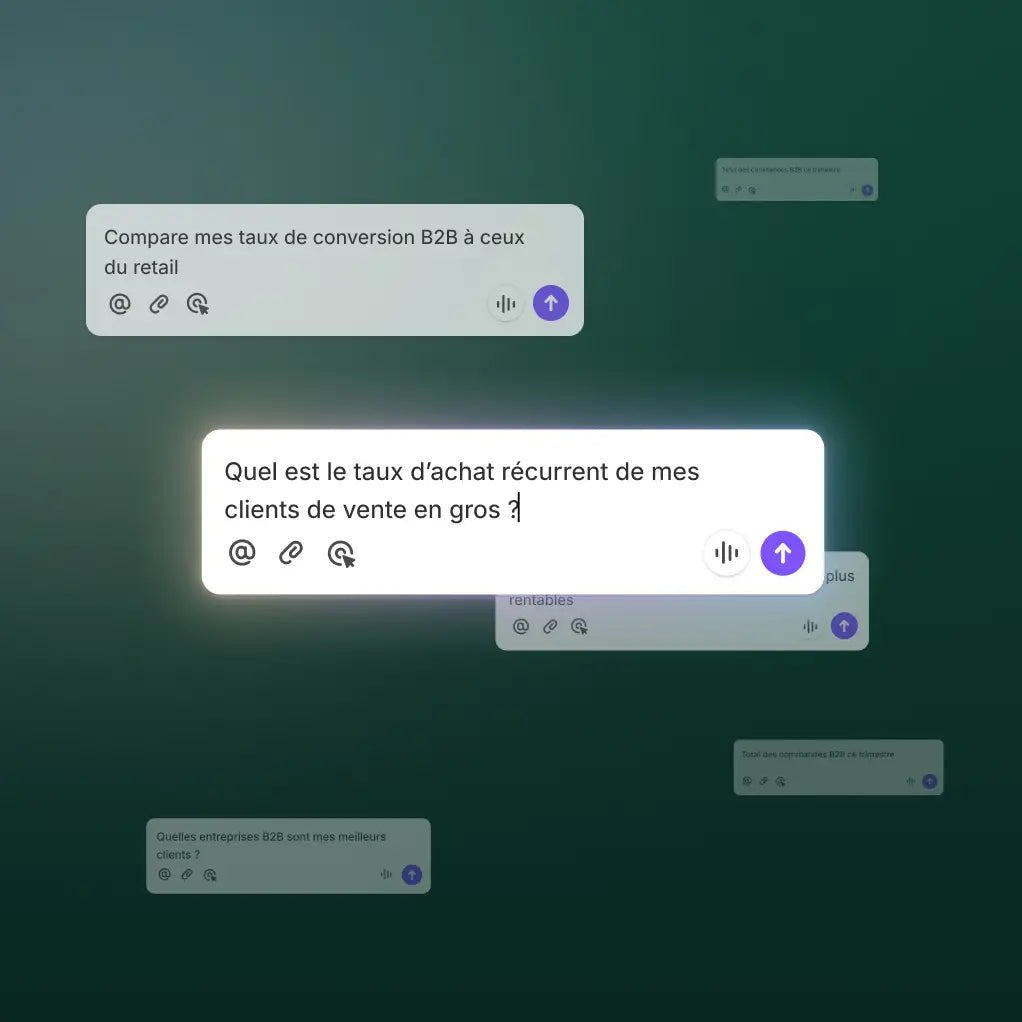 Plusieurs fenêtres d’interface simplifiées affichent diverses invites d’IA demandant à Sidekick de rassembler des informations sur l’activité B2B d’une marque Shopify.