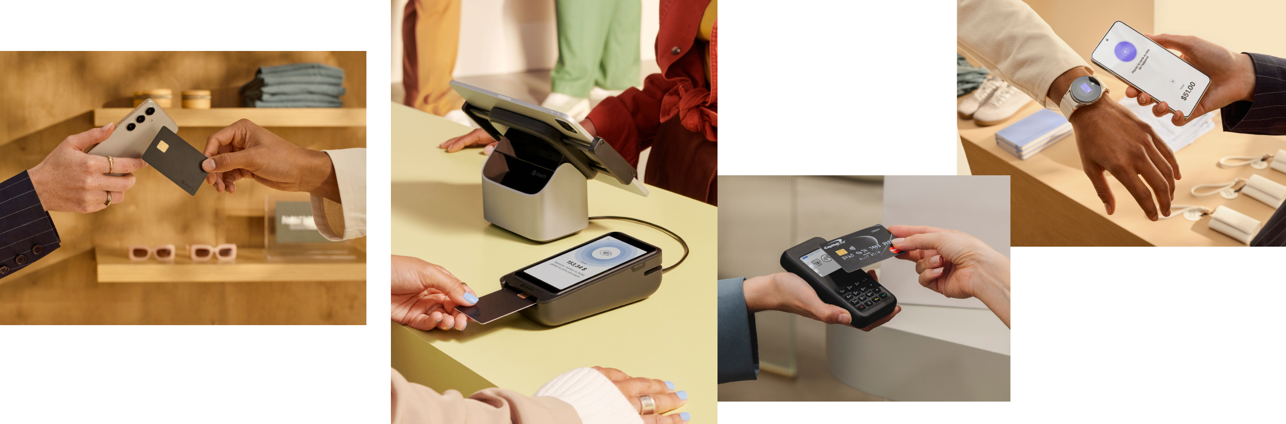 A collage of closeups highlighting all the ways customers can pay in person. From on-the-floor checkouts to traditional countertop setups, each of the four images depicts customers paying with either a tap, chip, or swipe of their payment card.