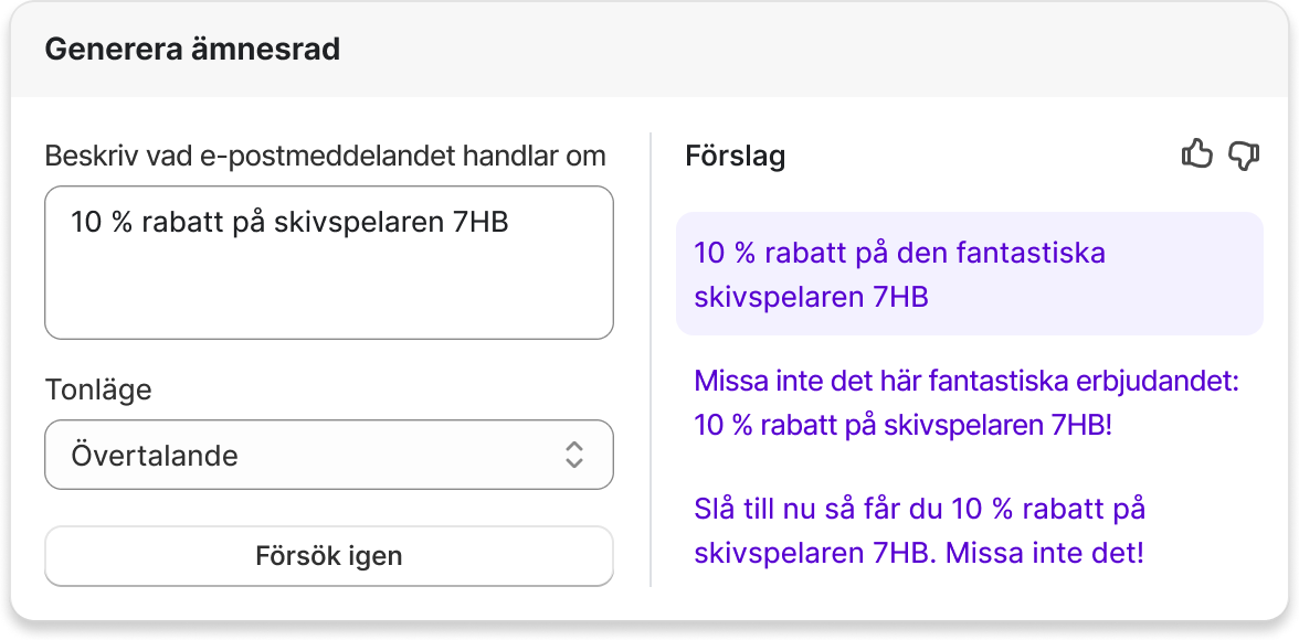 Popup-fönstret Shopify Magic genererar text för ett e-postmeddelande om en skivspelare med hjälp av AI.