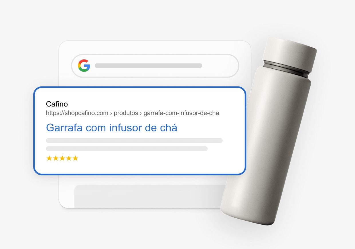 Resultado de pesquisa do Google destacando a página de uma garrafa com infusor de chá com classificação de cinco estrelas, ao lado de um copo cinza sofisticado.
