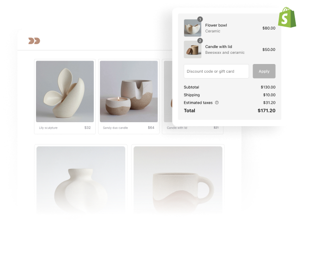 From the WordPress Editor, a cursor selects “Add a Shopify collection” from the side panel. A collection of products appears on on the WordPress page. Two of the products get pulled onto a checkout page overlaid with the Shopify logo.