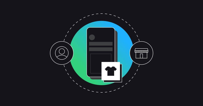 Een gekleurde cirkel in een zwart veld met symbolen van een winkel, een shirt en een persoon: B2B en DTC