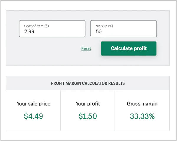 A profit margin calculator showing the calculated profit