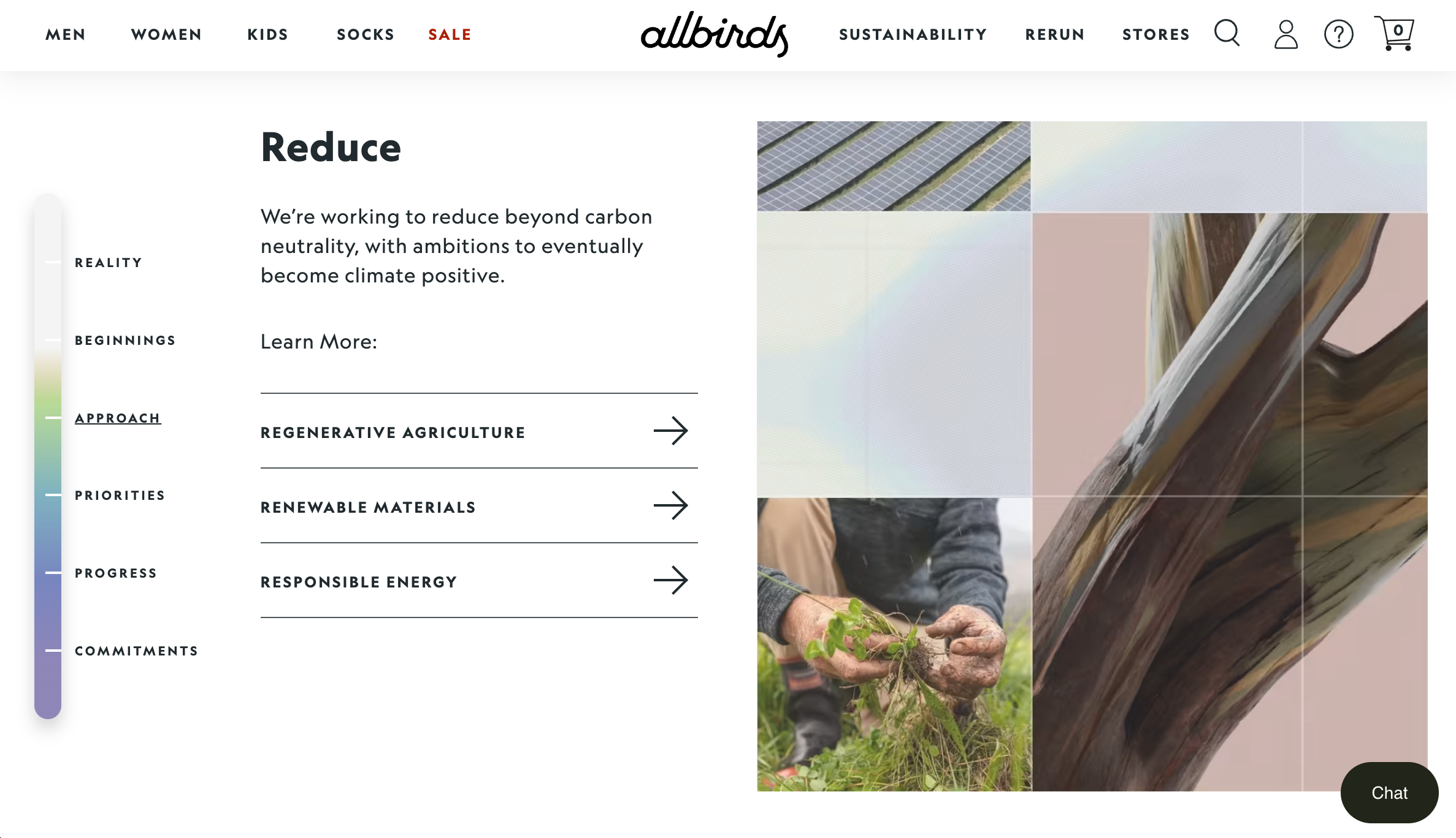 Allbirds sustainability page with text about reducing carbon and nature photography.