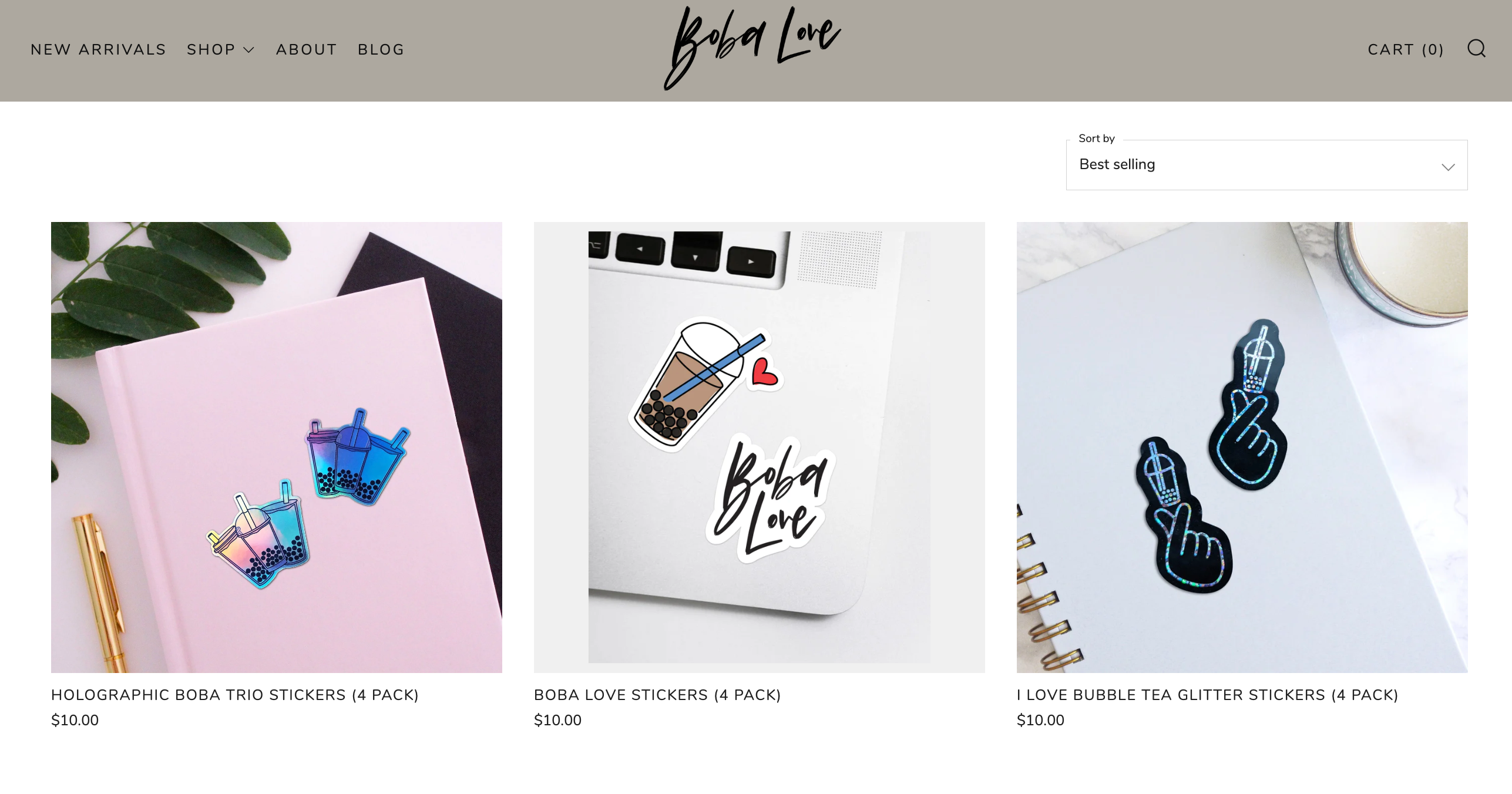 Boba Love shop page showing three bubble tea sticker packs on notebooks and a laptop.