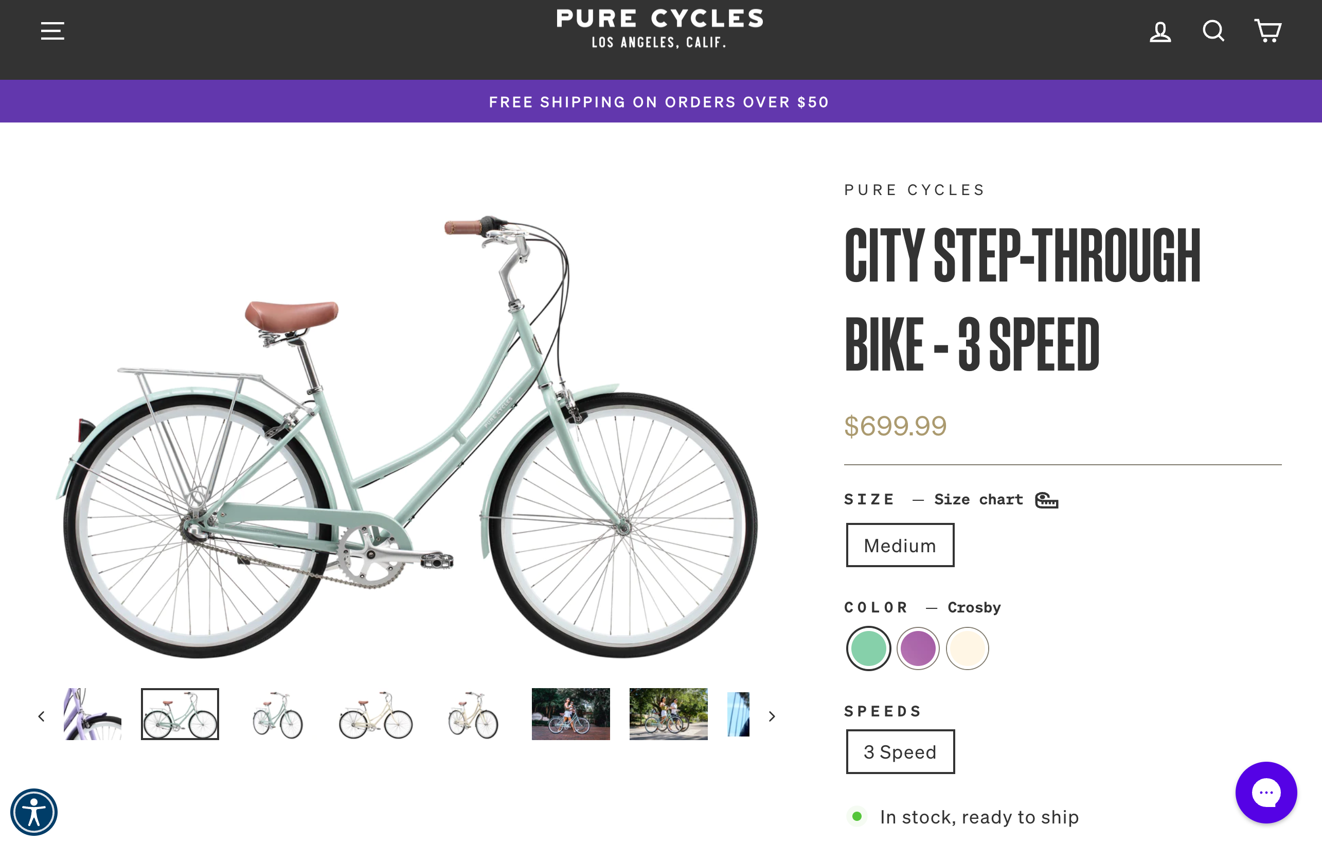 Product page for a mint green Pure Cycles step-through city bike with color options.