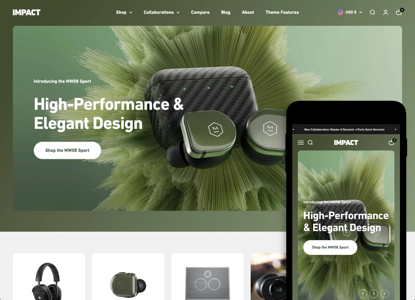 Impact theme showcasing high-performance earbuds in green gradient tones.