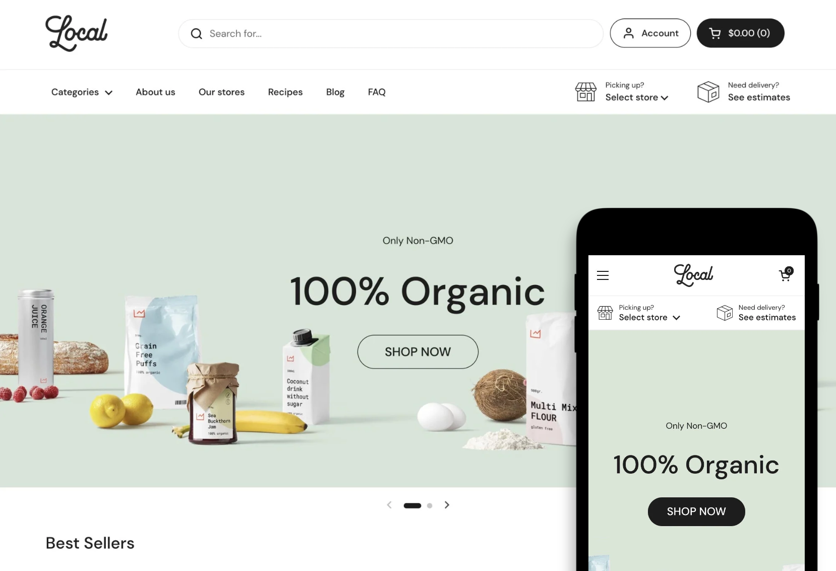 Desktop and mobile preview for Local theme showing organic products.