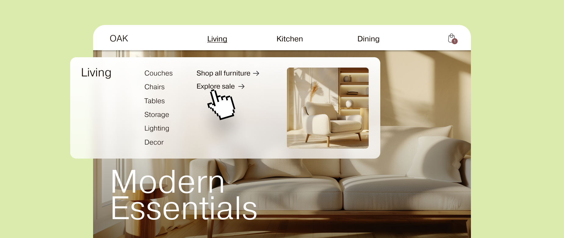 A cursor selecting a mega menu on the Oak furniture website on a light green background: php redirect.