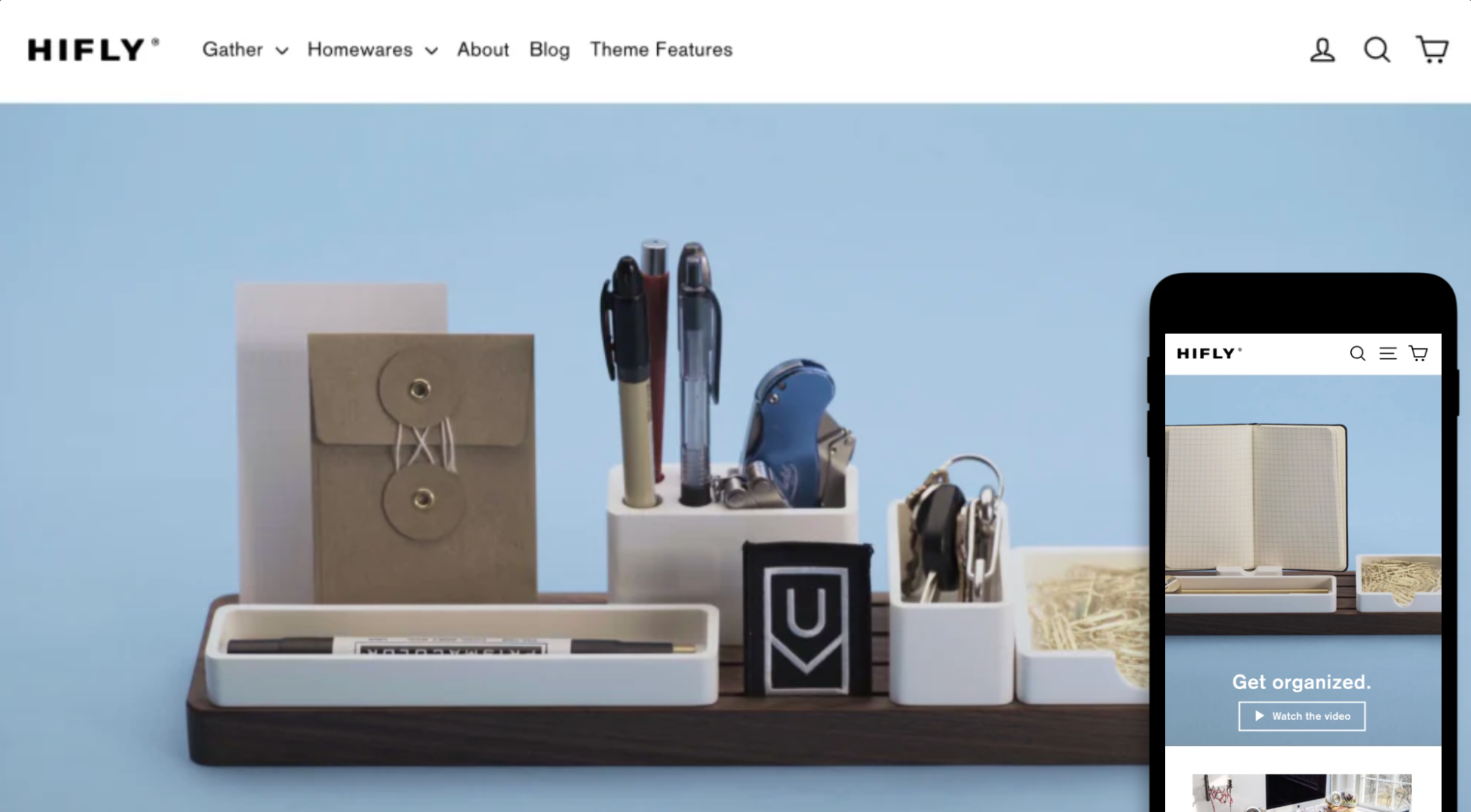 Motion theme showing Hifly store example with home office supplies in clean layout.