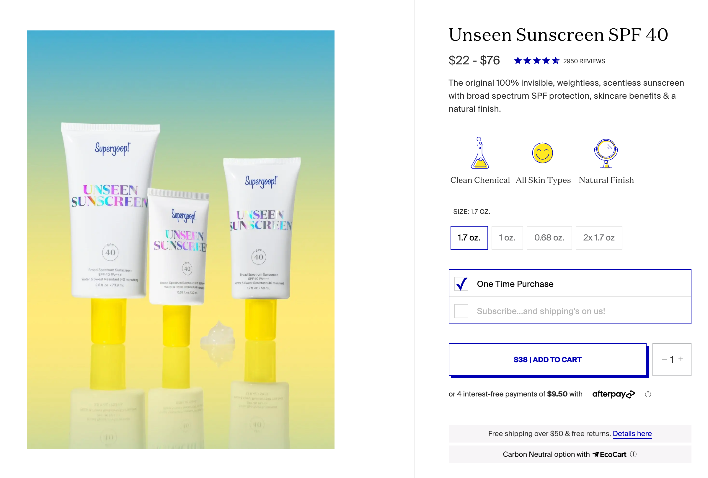 Ecommerce product page for Supergoop Unseen Sunscreen SPF 40 showing three tube sizes.