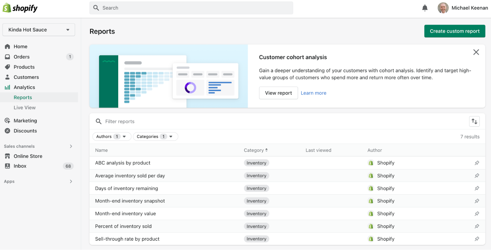 Screenshot of Shopify admin dashboard showing inventory reports.