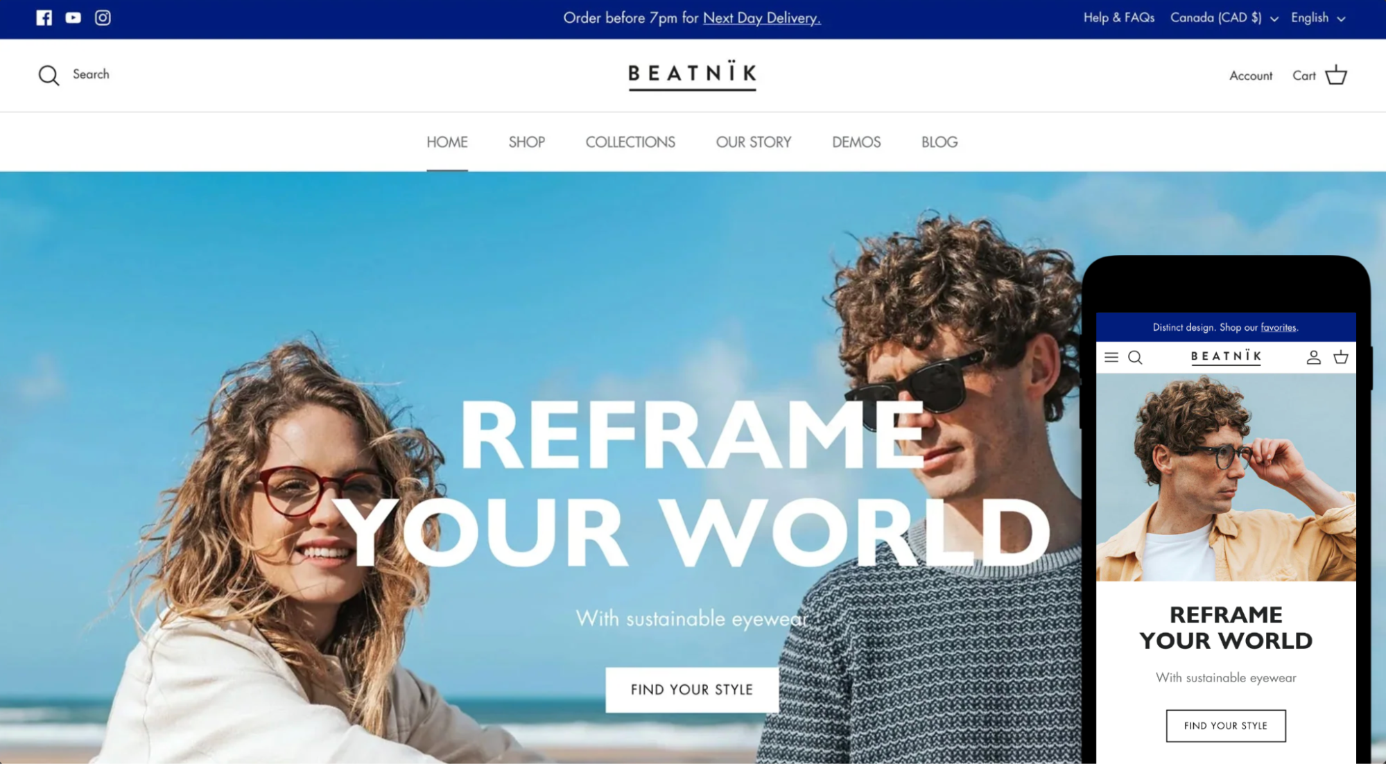 Desktop and mobile preview for Symmetry theme with two models wearing eyewear on the beach.