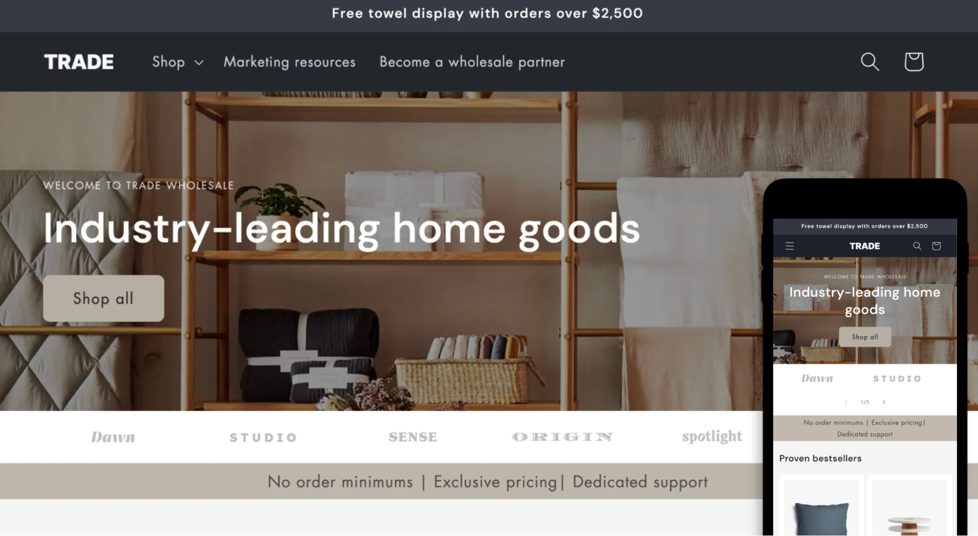 Trade theme with neutral shelving and folded towels promoting wholesale home goods.