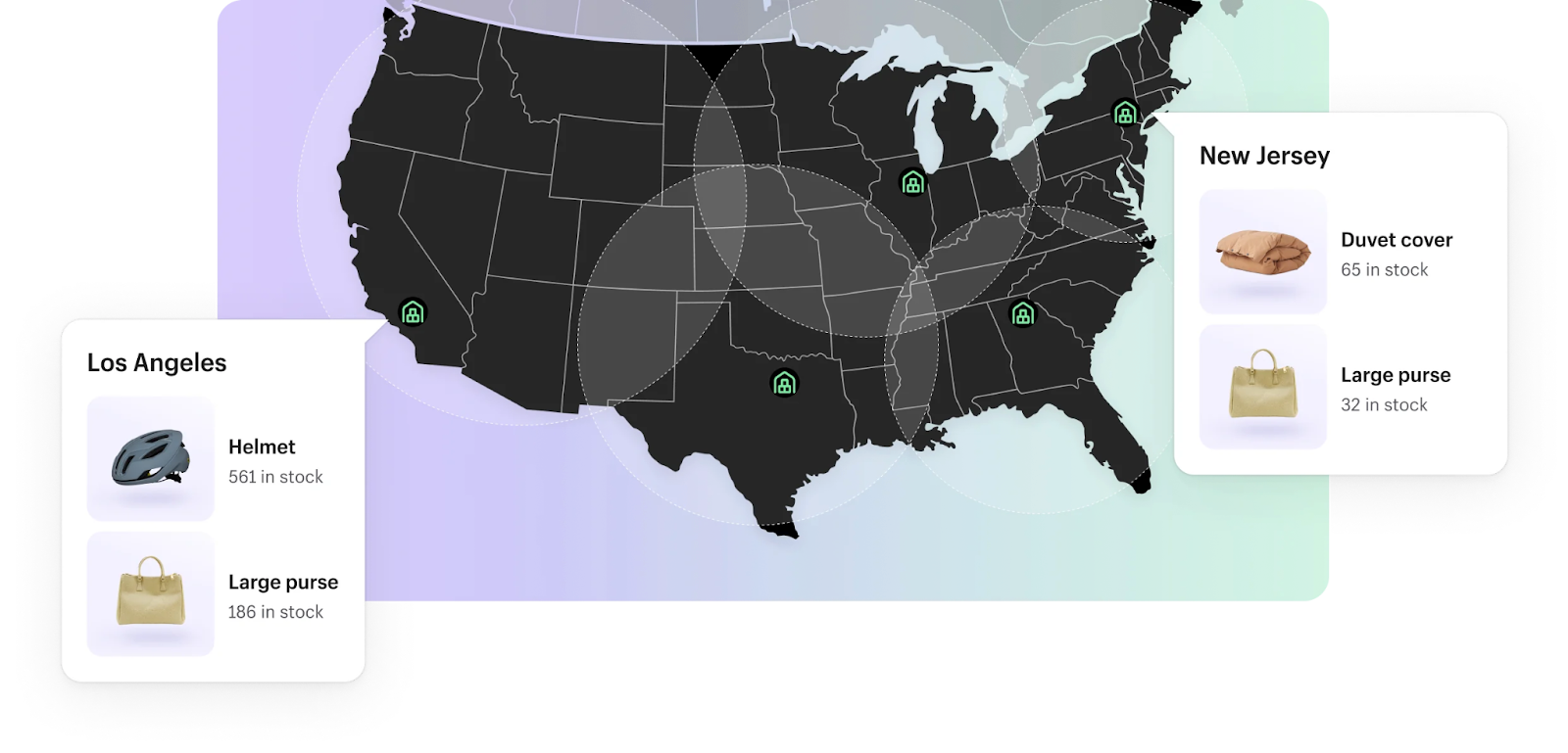 Map of the US showing products in stock at warehouses in Los Angeles and New Jersey.