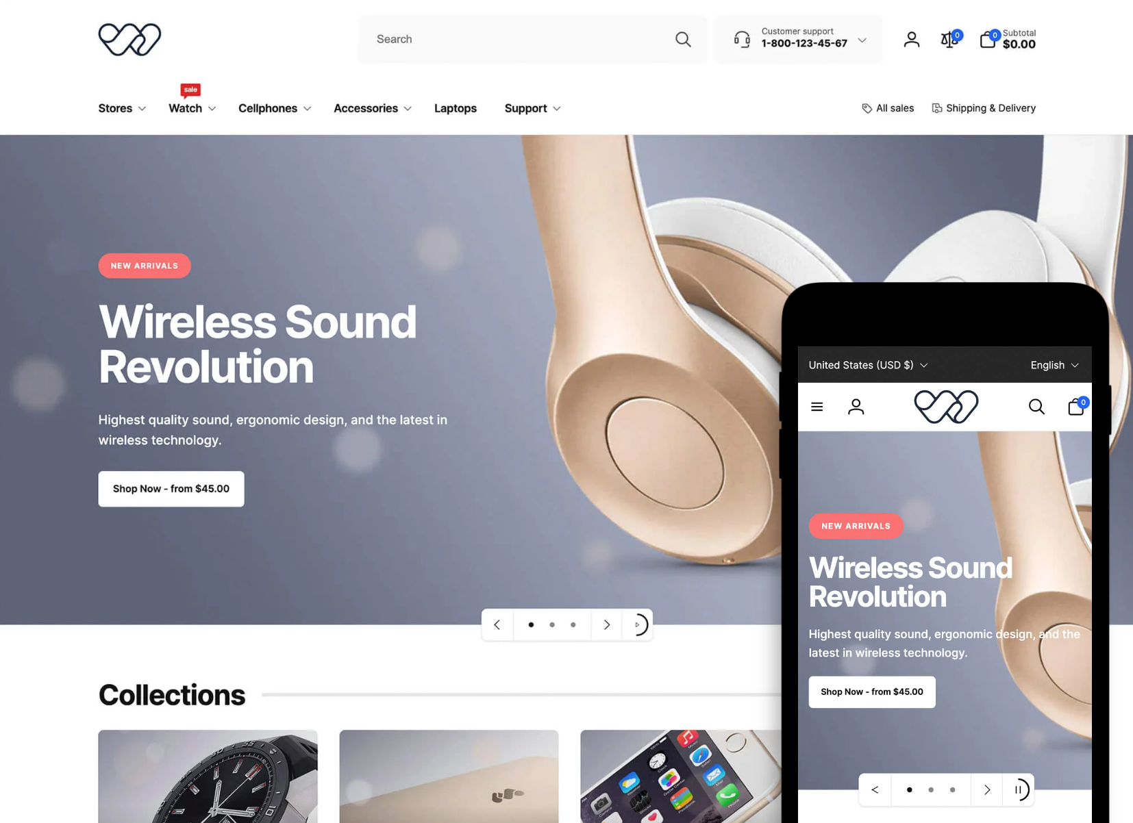Woodstock theme showcasing gold wireless headphones and tech gadgets.
