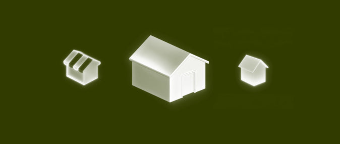 three roofed structures, one with a striped roof in front of a dark green background