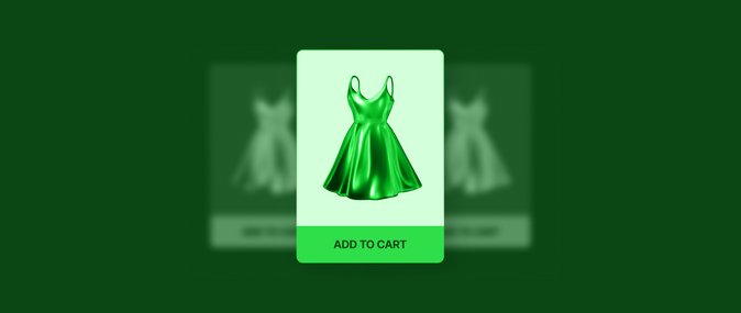a green dress in a shopping window with a green "add to cart" button on the bottom, with two mirrored windows to the side of the main window with inverted colors, all on a dark green background