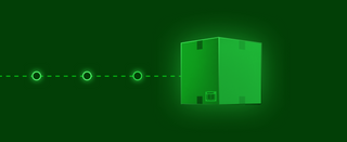 dotted line with three larger dots leading toward green cardboard box