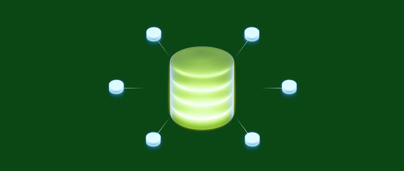 green glowing cylinder with four white striations and six smaller white cylinders surrounding it