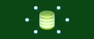 green glowing cylinder with four white striations and six smaller white cylinders surrounding it