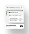 An interface shows a breakdown of a payout into sales tax, marketing, inventory, and savings.