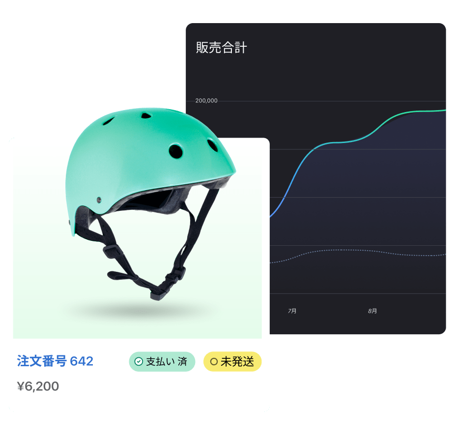 販売合計グラフが背景にあるヘルメット商品のサンプル。