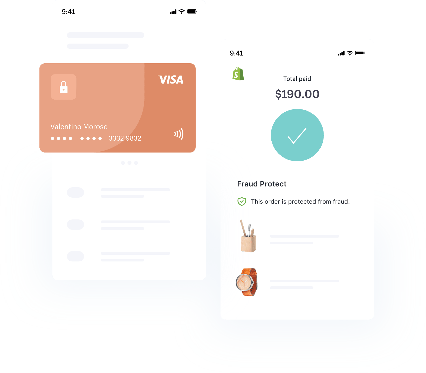 Two mobile phone screens showing secure payment processing: one displaying a protected credit card interface and another showing a completed transaction with fraud protection status